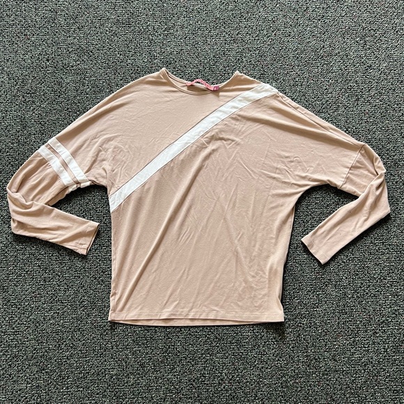Tan & White Stripe Bag Wing Statement Sleeve Long-Sleeve Modest T-Shirt Top Sz S - Picture 8 of 16